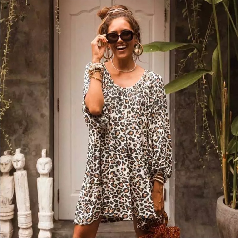 Boho Leopard Print Peasant Tunic Print Dress - Picture 1 of 6